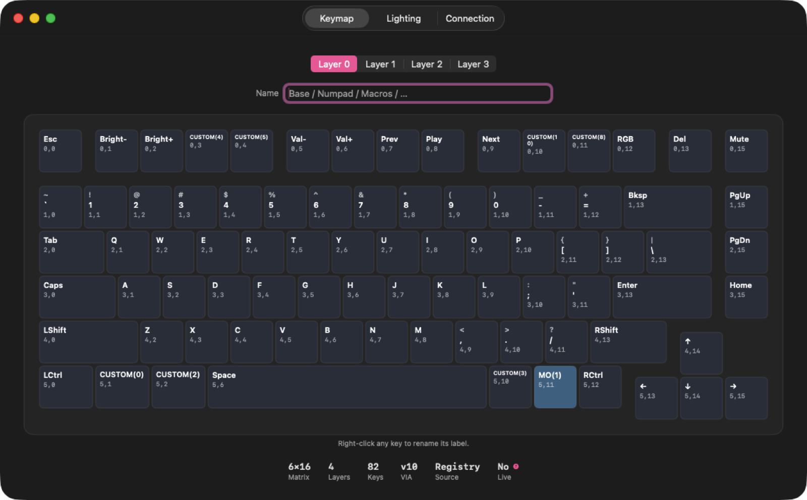 The per-keyboard Configure window showing the keymap, layer picker, and status row