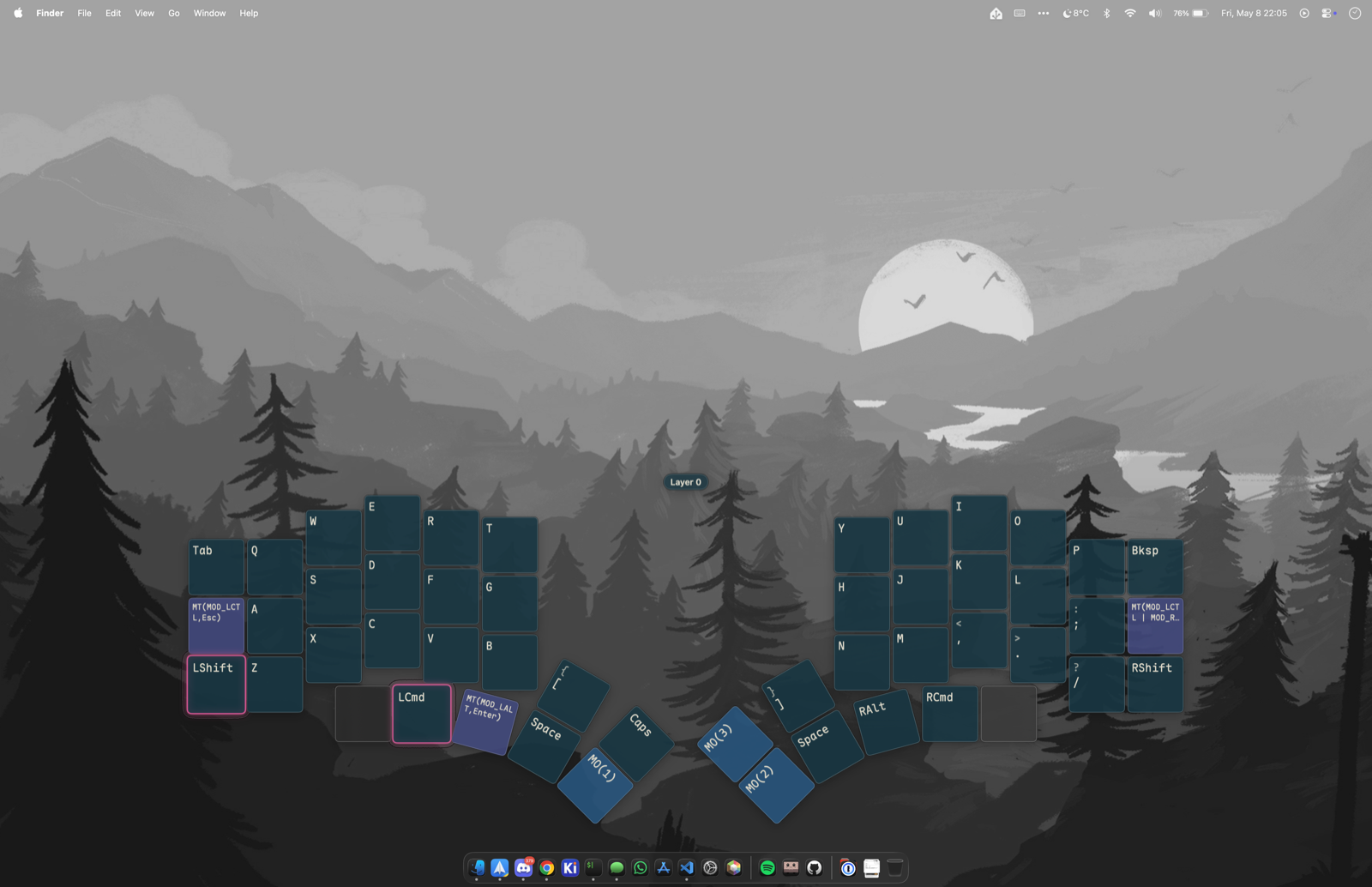 Main floating overlay showing all keys of a Kyria split keyboard